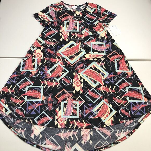 Lularoe Carly XS Short Sleeve Dress Black Red Multicolored Print Hi-Low Feathers - Picture 1 of 6
